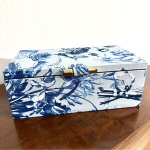 Blue & White Botanical Toile Fabric Decorative Box with Gold Hardware • 9.5x3.5”